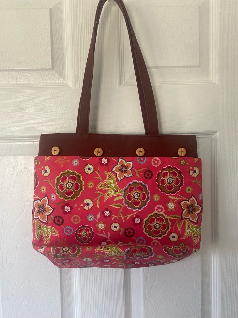 Longaberger Pink Floral Tote with Brown Trim